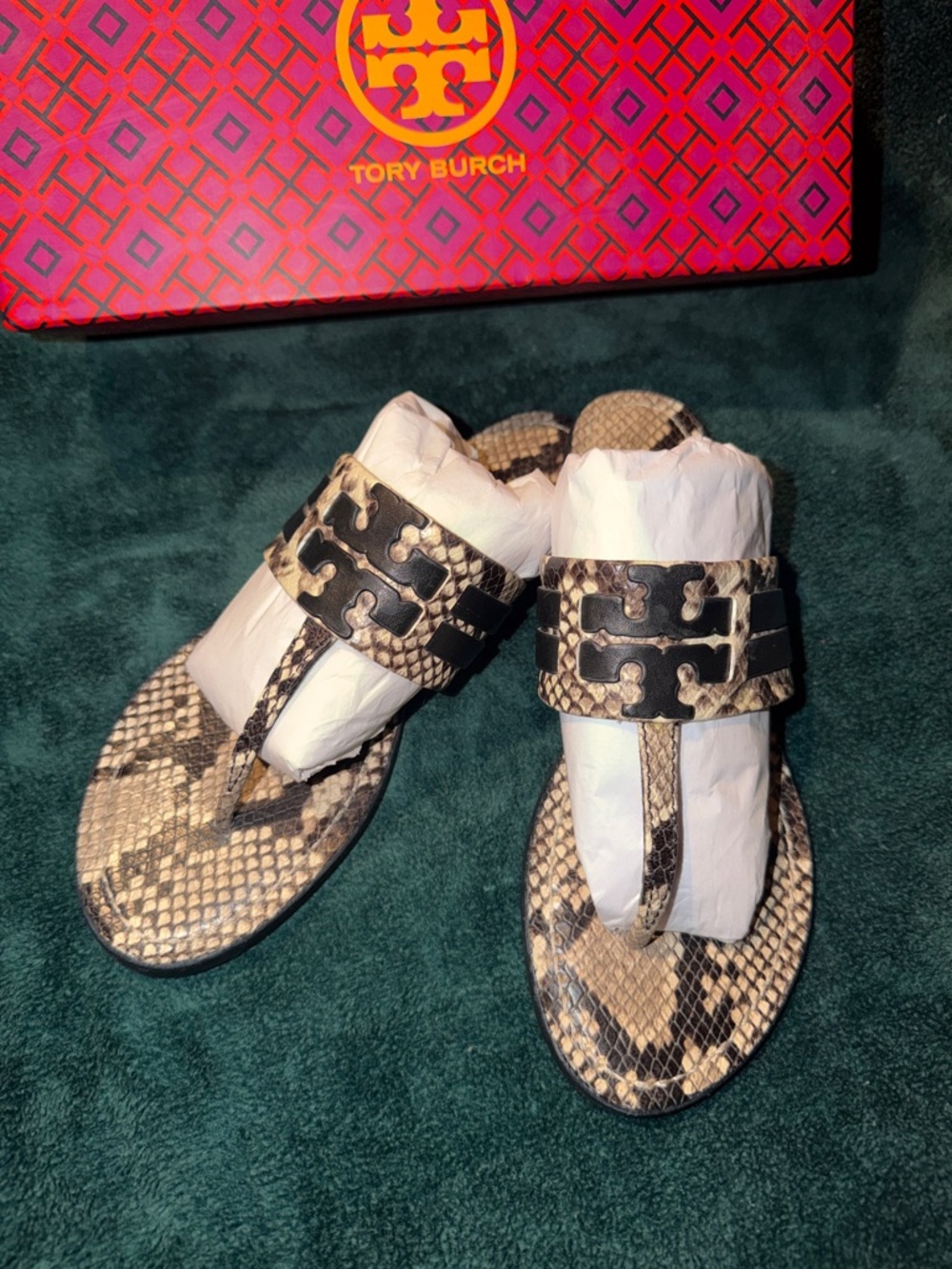 Tory Burch Snake-Print Miller Thong Sandals - Beige Black